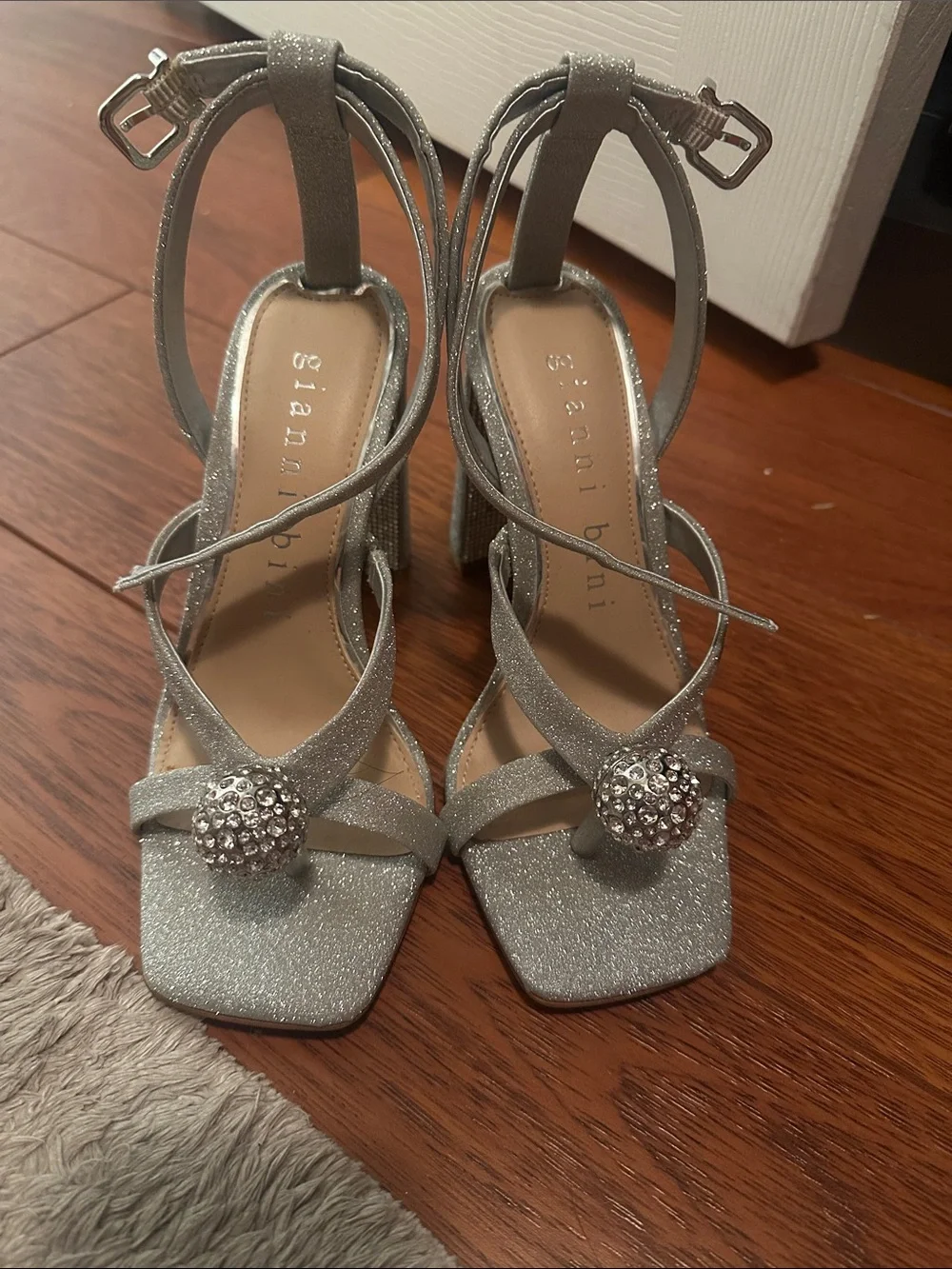 Gianni Bini Silver Glitter Strappy Block Heel Sandals with Crystal Accent